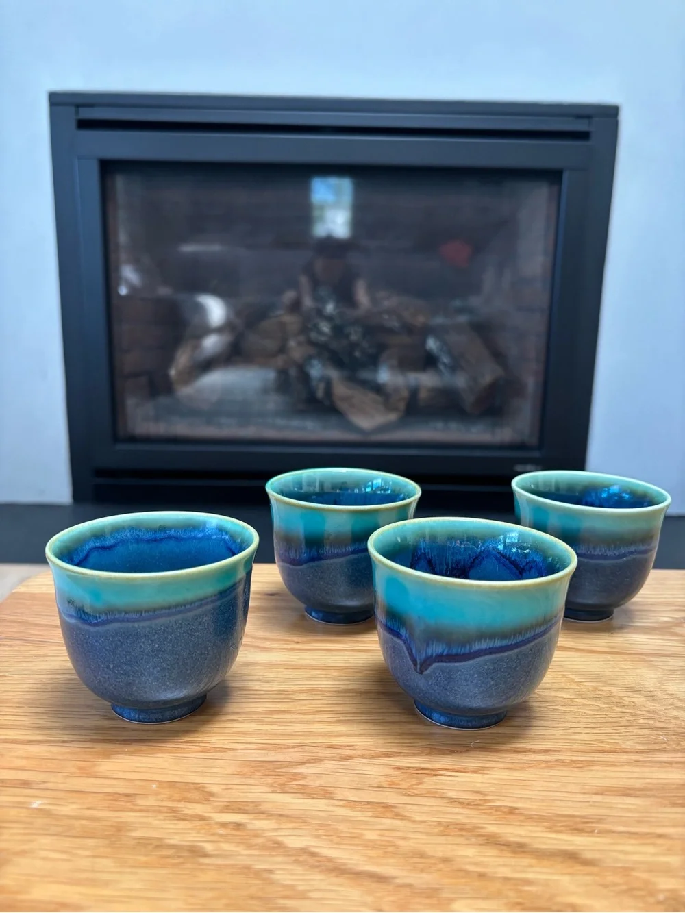 Beautiful Teavana Ceramic Tea Cups - Blue Green Glaze Set of 4